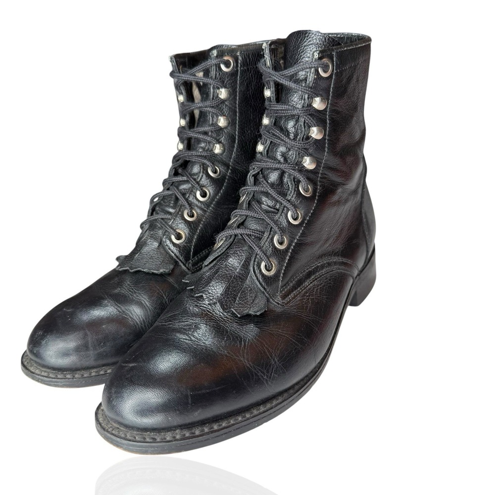 Vintage Justin Black Leather Roper‎ Boots Mens 5D Lace-Up Western Logger